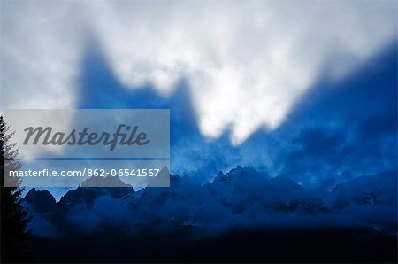 Europe, France, French Alps, Haute Savoie, Chamonix, shadow cast by the Aiguille du Midi