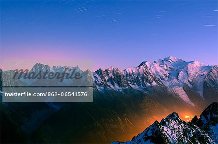 Europe, France, French Alps, Haute Savoie, Chamonix valley at night