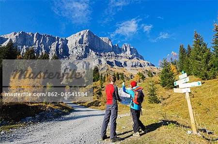 Europe, France, French Alps, Haute Savoie, Chamonix, hiking through autumn colours in Servoz, MR