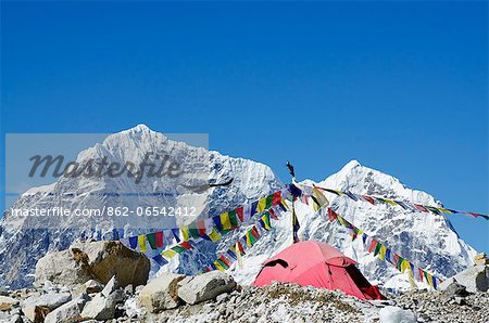 Asia, Nepal, Himalayas, Sagarmatha National Park, Solu Khumbu Everest Region, tents and prayer flags at Everest Base Camp