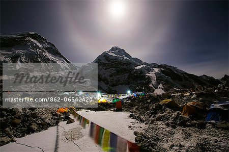 Asia, Nepal, Himalayas, Sagarmatha National Park, Solu Khumbu Everest Region, Everest Base Camp lit by moonlight