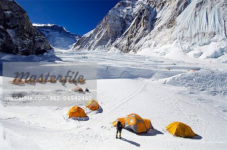 Asia, Nepal, Himalayas, Sagarmatha National Park, Solu Khumbu Everest Region, tents at Camp 1 on Mt Everest