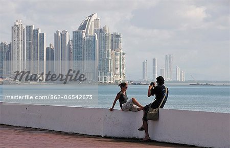 View from Casco Antiguo with downtown Panama City in the backgound, Panama, Central America