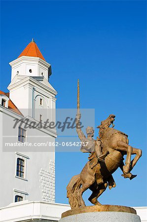 Europe, Slovakia, Bratislava, statue of Svatopluk, ruler of Moravia 869, Bratislava Castle