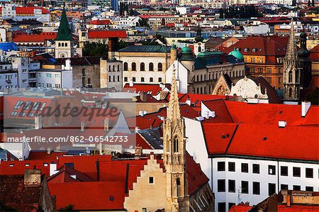 Slovak Republic, Bratislava, Eastern Europe, Detail of rooftops of buildings in the historic centre