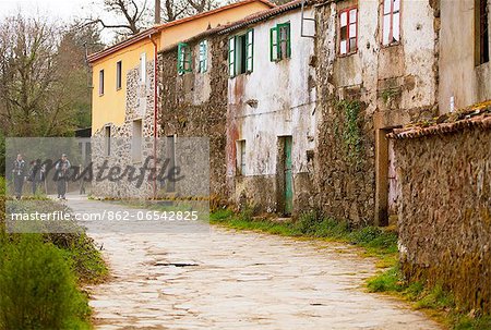 Spain, Galicia, Camino Frances, Houses in a small hamlet on the route of the Camino