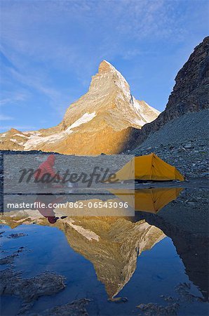 Europe, Switzerland, Swiss Alps, Valais, Zermatt, camping at a lake near The Matterhorn , 4478m, MR,