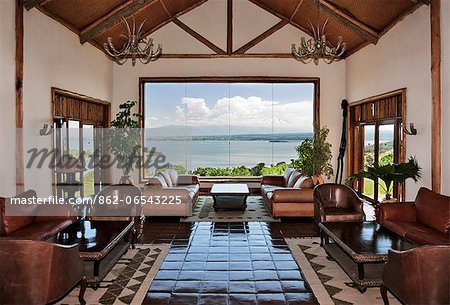 A fine view of the Kazinga Channel in Queen Elizabeth National Park from the lobby of Mweya Safari Lodge, Uganda, Africa