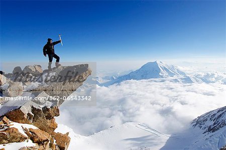 USA, United States of America, Alaska, Denali National Park, Mt Huntington , 4257m, and climber on Mt McKinley 6194m, highest mountain in north America , MR,