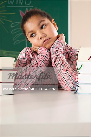 Girl and Textbooks in Classroom, Baden-Wurttemberg, Germany
