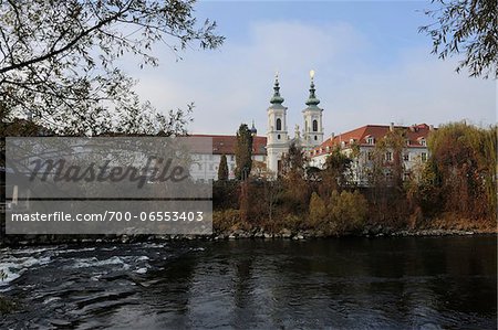 Mariahilfkirche and Cityscape with Mur River in Foreground, Graz, Styria, Austria