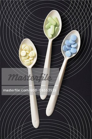 Overhead View of Pills on Spoons