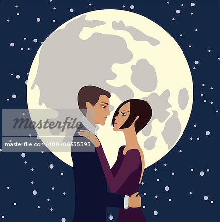 young man and woman looking at each other with loving eyes on the background of the moon.