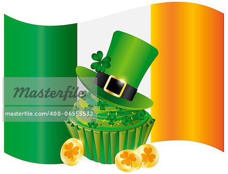 Ireland Flag with Leprechaun Hat Gold Coins Cupcake and Shamrock Isolated on White Background Illustration