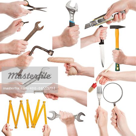 Set of female hands with various tools isolated on white