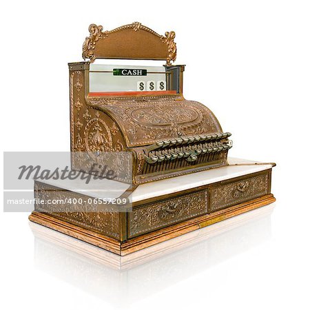 Antique old cash register with the word cash and dollar sign in display, isolated on white background