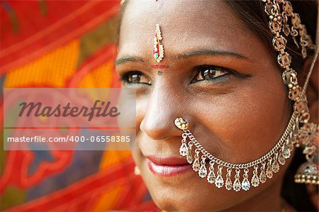 Close up face of Traditional Indian woman in sari costume, India
