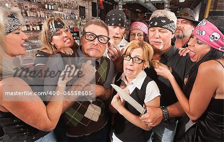 Biker gang mugging scared nerd couple in bar