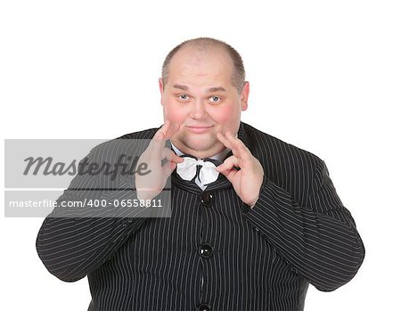 Portrait elegant very fat man in suit and bow isolated on white background