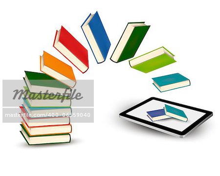 Books flying in a tablet. Vector illustration.