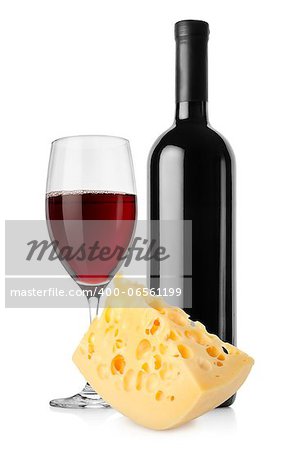 Wine bottle and dutch cheese isolated on a white background