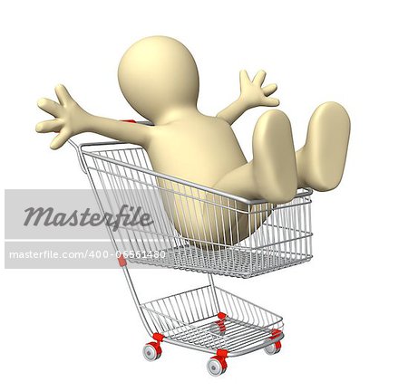 Happy puppet in shopping cart. Isolated over white