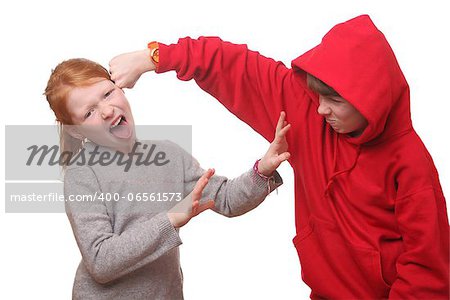 Two angry children on white background