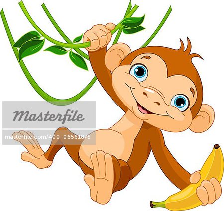 Cute baby monkey on a tree holding banana