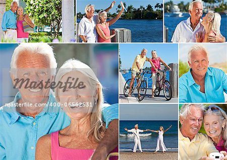 Happy retirement senior man and woman couple on an active romantic vacation together cycling and at the beach in summer sunshine