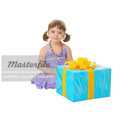 The child has received a big birthday gift isolated on white background