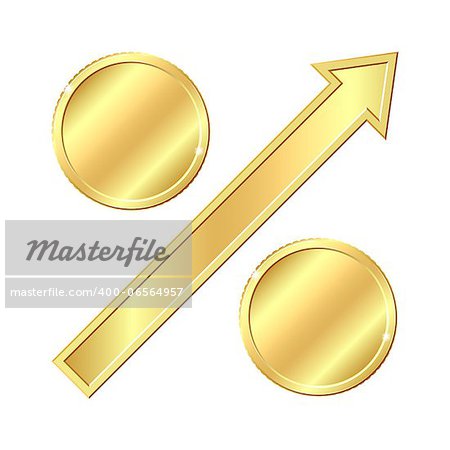 Growing percentage sign with gold coins. Vector illustration