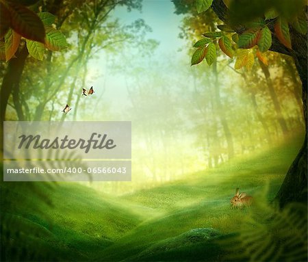 Spring design - Forest meadow. Nature Easter background with rabbit and grass in the deep forest
