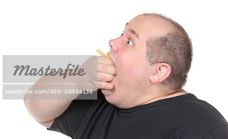 Fat Man Greedily Eating French Fries, on white background