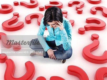Sad girl sits among many red questions