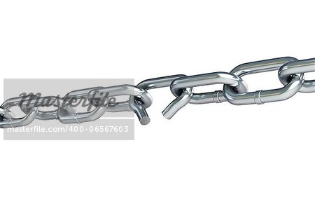 Broken chain link chain on a white background