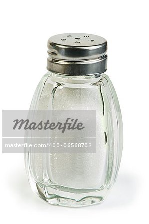 Salt and saltshaker on white background .