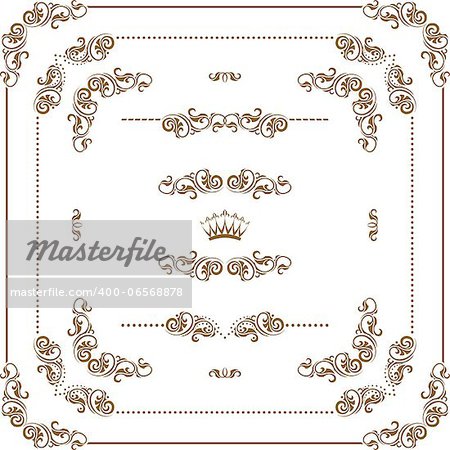 Vector set of gold decorative horizontal floral elements, corners, borders, frame, dividers, crown.  Page decoration.