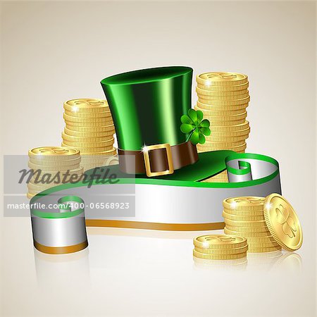 Patrick day card with gold coins and leprechaun hat