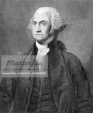 George Washington (1731-1799) on engraving from 1859. First President of the U.S.A. during 1789-1797  and commander of the Continental Army in the American Revolutionary War during 1775-1783. Considered as Father of his country. Engraved by unknown artist and published in Meyers Konversations-Lexikon, Germany,1859.