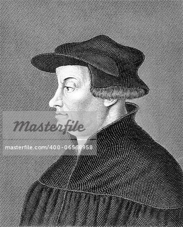 Huldrych Zwingli (1484-1531) on engraving from 1859. Leader of the Reformation in Switzerland. Engraved by unknown artist and published in Meyers Konversations-Lexikon, Germany,1859.