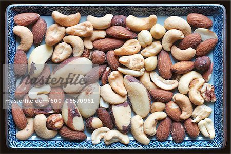 Rectangular plate with roasted, salted nuts