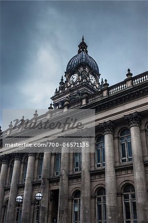 Leeds town hall and overcast sky, The Headrow, Leeds, UK