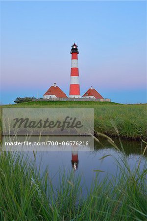 Westerhever Lighthouse Reflected in Pond at Dusk, Westerhever, Tating, Schleswig-Holstein, Germany