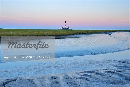 Westerhever Lighthouse at Low Tide at Dawn, Summer, Westerhever, Tating, Schleswig-Holstein, Germany