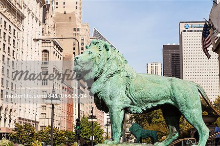 One of the two iconic bronze lion statues outside the Art Institute of Chicago, Chicago, Illinois, United States of America, North America