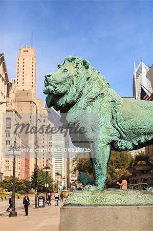 One of the two iconic bronze lion statues outside the Art Institute of Chicago, Chicago, Illinois, United States of America, North America