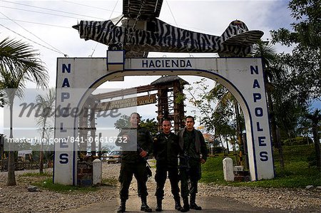 Colombian Police forces in front of the ex-entrance of Ranch Napoles, property of Pablo Escobar, Medellin, Colombia, South America