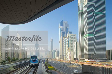 Metro and skyscrapers on Sheikh Zayed Road, Dubai, United Arab Emirates, Middle East