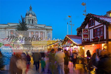 Council House, Christmas Market and carousel, Market Square, Nottingham, Nottinghamshire, England, United Kingdom, Europe