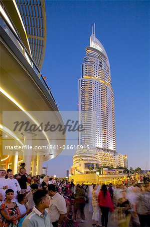 The Address Hotel and Dubai Mall at dusk, Dubai, United Arab Emirates, Middle East